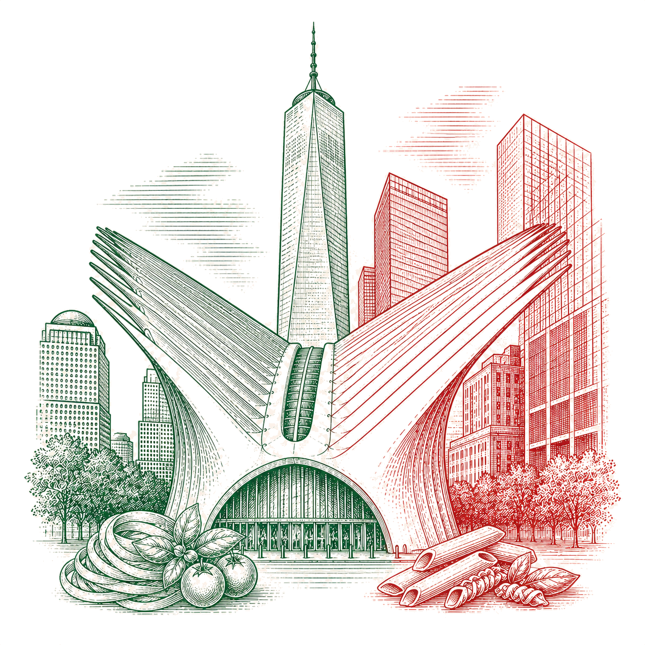Illustrated view of the Oculus and World Trade Center skyline